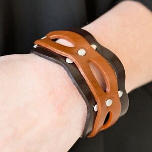 Spur Of The Moment Unisex Two Tone Studded Brown & Black Leather Cuff Bracelet